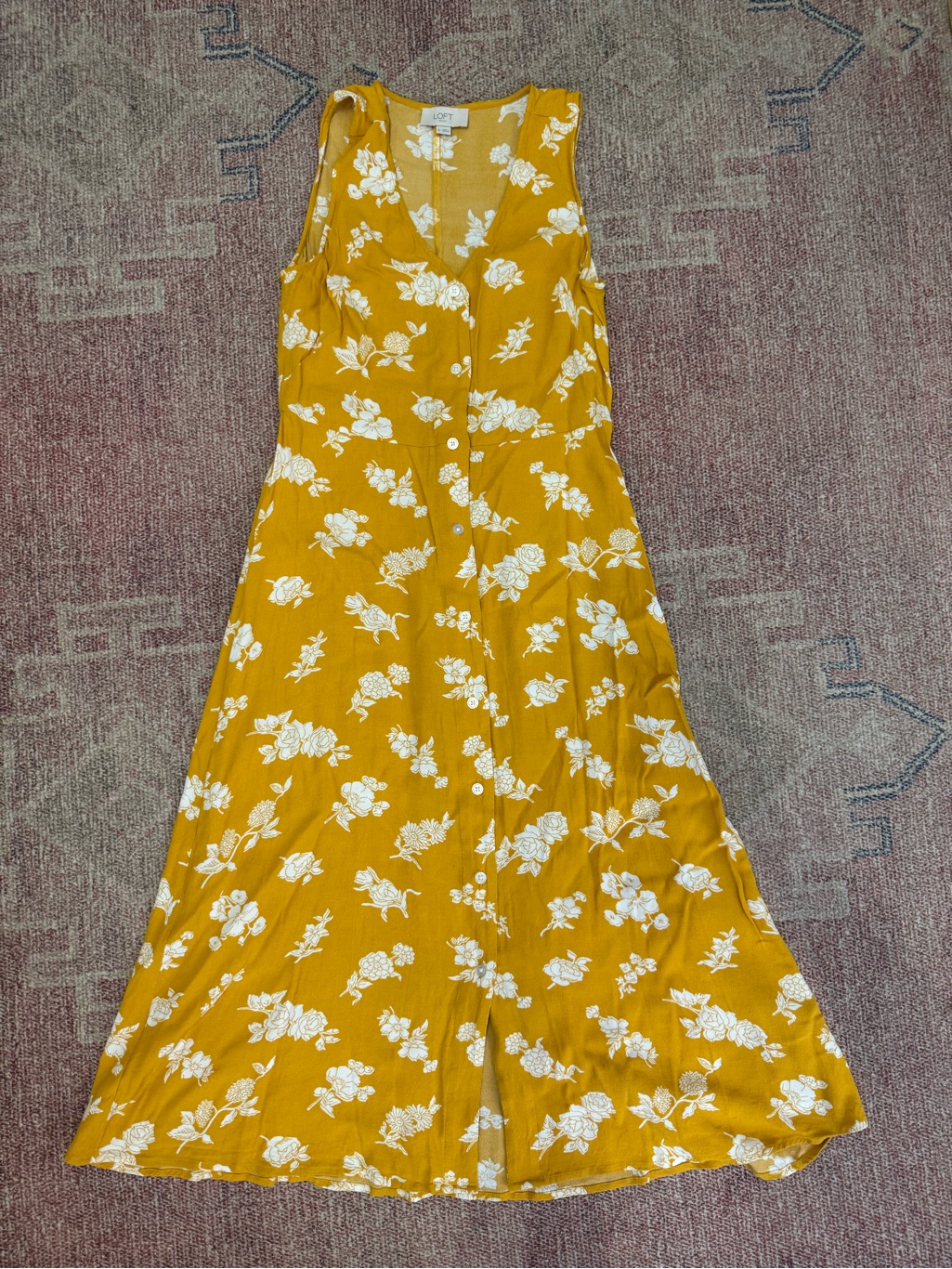 Loft Mustard Yellow Fit And Flare Maxi Summer Floral Dress Size 0